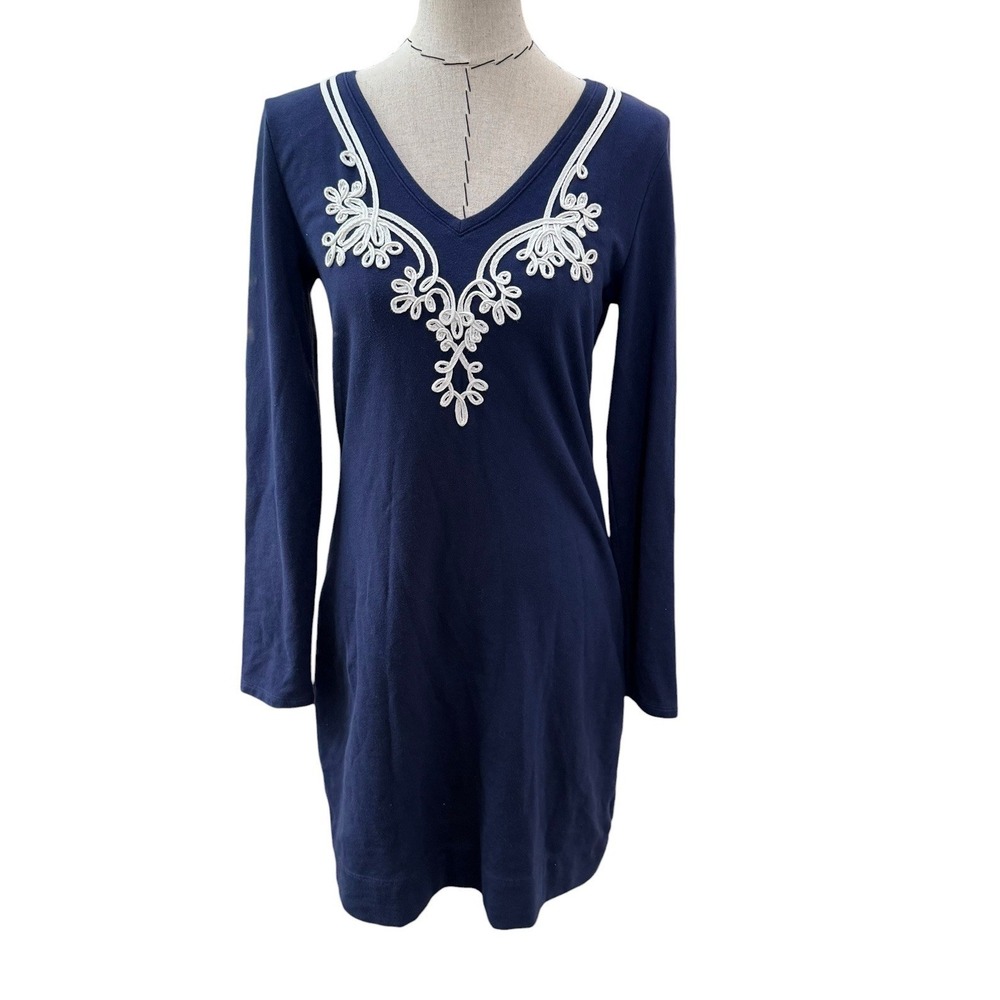 Lilly Pulitzer Navy Blue White Nautical Brocade V-Neck Knit Dress Beach Cruise M
